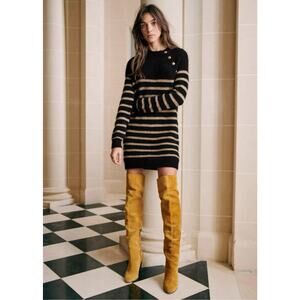 Sézane Tessa Mohair Wool Knit Sweater Dress Long Sleeve Marine/Ecru Size S NWT